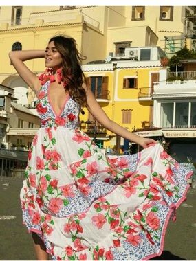 Antica Sartoria 2026 Floral V-Neck Tiered Maxi Dress - White Pink Floral NWT O/S
